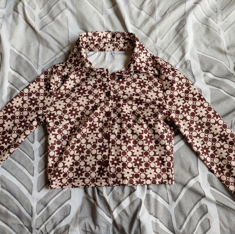 y2k Flower Pattern Crop Button Up